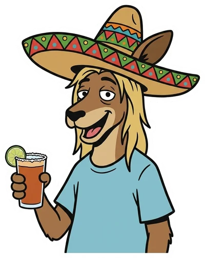 Skip con sombrero y michelada, fuera de lugar pero contento